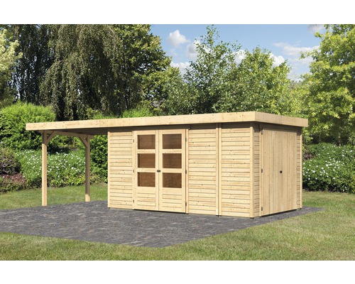 Abri de jardin Karibu Karola 6 avec armoire modulaire et extension de 2,8 m 683 x 262 cm naturel