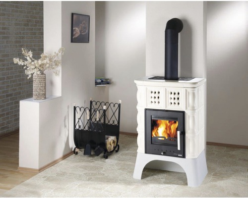 Poêle de cheminée avec bois de chauffage et serviteur de cheminée dans la pièce à vivre