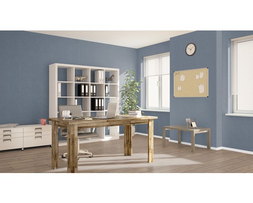 Büro mit Schreibtisch, Regal und Pinnwand