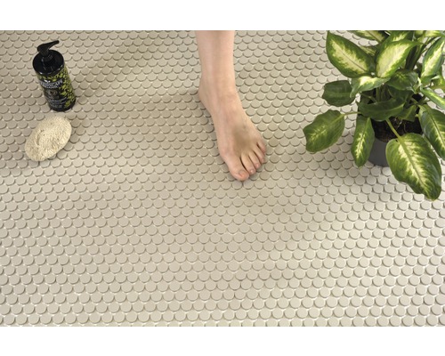 Scène avec des carreaux de mosaïque ronds, un pied, une plante, une éponge et un flacon de savon