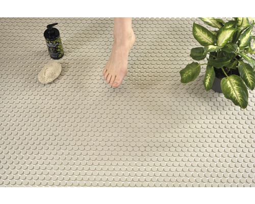 Carrelage mosaïque dans la salle de bain avec pied, plante, pierre ponce et savon