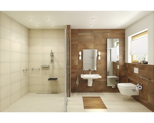Barrierefreies Badezimmer mit Dusche, Waschbecken und Toilette
