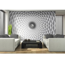 Wohnzimmer mit weißen Sofas und einer Fototapete mit 3D Tunnel Design