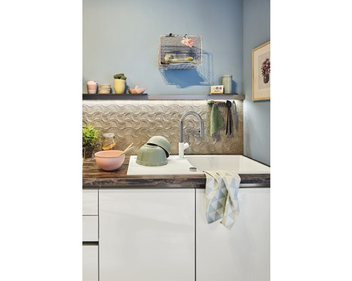 Cuisine claire avec évier, robinetterie, vaisselle et éléments décoratifs pour une atmosphère conviviale