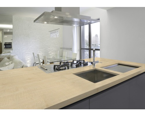 Plan de travail de cuisine avec évier et plaque de cuisson dans une cuisine moderne