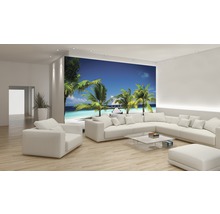 Salon lumineux avec papier peint photo d''une scène de plage tropicale avec des palmiers