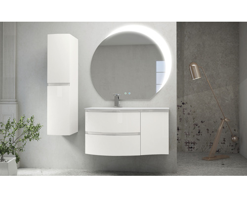 Ensemble de salle de bains moderne avec meuble sous-lavabo, armoire de toilette et miroir rond avec éclairage.