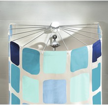 Duschvorhang mit blauem Quadratmuster und Duschvorhangstange