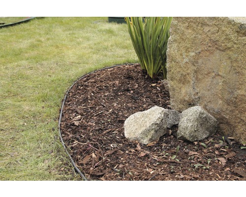 Gartenszene mit Rasenkante, Rindenmulch, Stein und Pflanze