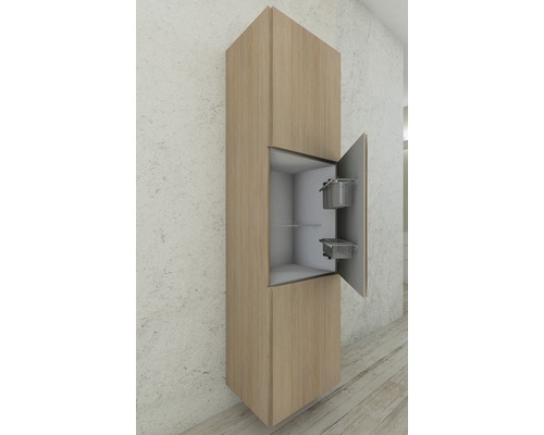 Armoire de cuisine haute avec porte ouverte et étagères intérieures