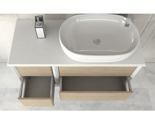 Waschtisch mit Aufsatzwaschbecken und offenen Schubladen