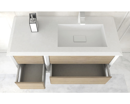 Waschtisch mit zwei offenen Schubladen, Waschbecken und Armatur