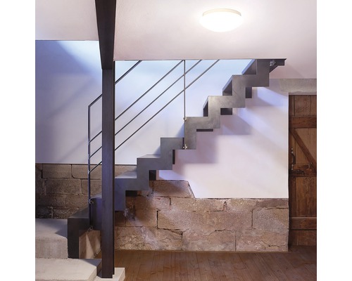 Escalier avec garde-corps en métal et marches en pierre dans une pièce lumineuse.