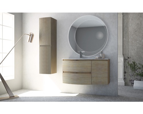 Badezimmer mit Waschtischunterschrank, Spiegelschrank und rundem Spiegel