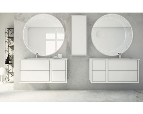 Modernes Badezimmer mit Doppelwaschtisch, runden Spiegeln und Hochschrank