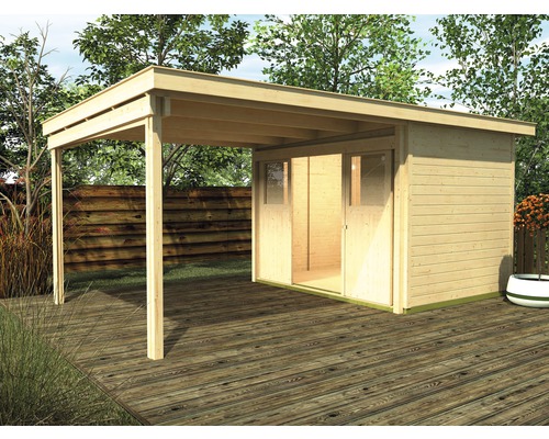 Maison de jardin en bois avec terrasse couverte sur une terrasse en bois