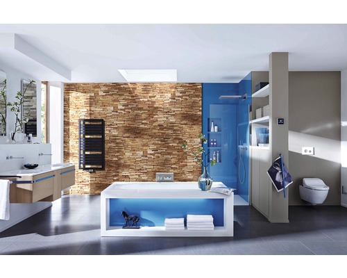 Salle de bain lumineuse avec douche, lavabo, baignoire et toilettes.