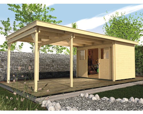 Abri de jardin en bois avec terrasse couverte sur une plateforme en bois