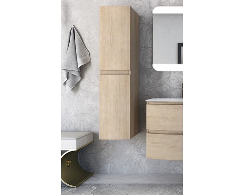 Badezimmer Szene mit Hochschrank und Waschtisch aus Holz