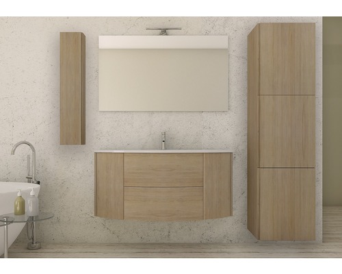 Salle de bains avec meuble sous-vasque, miroir, armoire de toilette et armoire haute pour un design de salle de bains moderne.