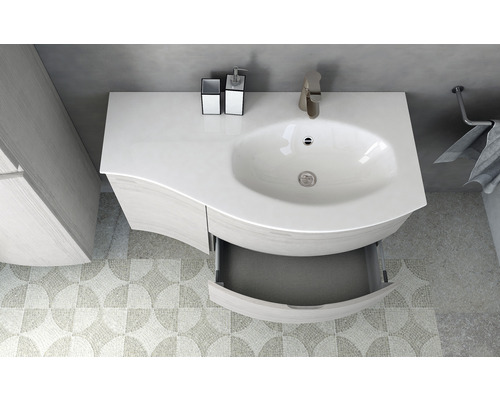 Waschtisch mit offenem Schubfach, Armatur und Badaccessoires