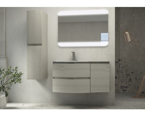 Salle de bains moderne avec meuble sous-vasque, armoire de toilette et armoire haute