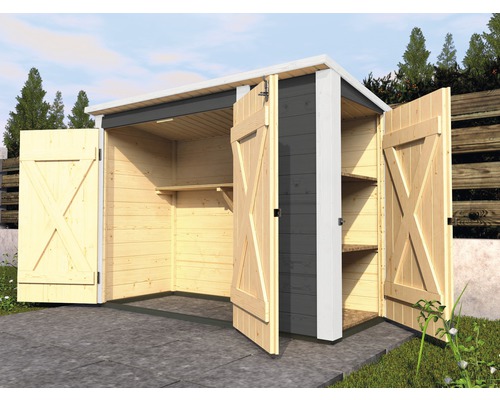 Holzgartenhaus mit Regalen und Doppeltür