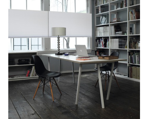 Arbeitszimmer mit Schreibtisch, Stühlen, Bücherregal und Plissee vor dem Fenster