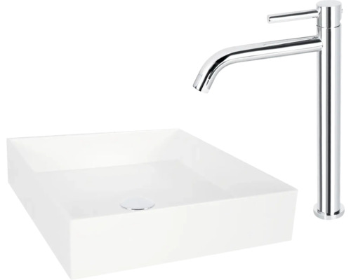 Vierkantiges Aufsatzwaschbecken aus Sanitärkeramik mit Armatur