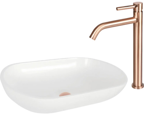Aufsatzwaschbecken aus Keramik mit Armatur