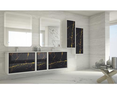Modernes Badezimmer mit Waschtischunterschrank, Spiegeln und Hochschränken in Marmoroptik