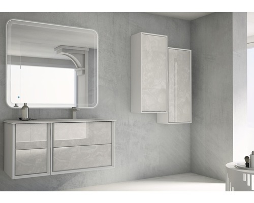 Ensemble de salle de bains avec meuble sous-lavabo, armoire de toilette et armoires suspendues