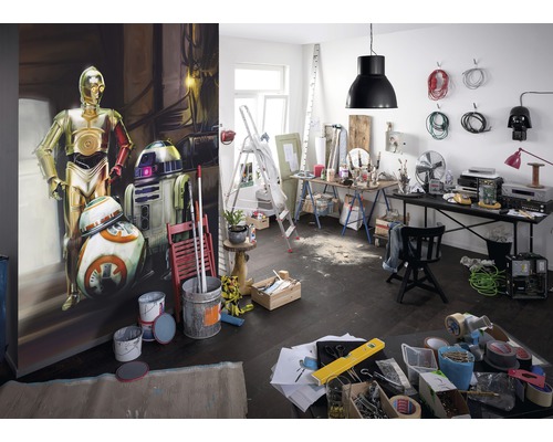 Pièce avec peinture murale Star Wars, outils, échelles et plans de travail