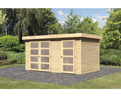 Holzgartenhaus mit Doppeltür und Fenstern im Garten