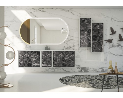 Salle de bains avec meuble-lavabo, miroir et éléments de rangement au design moderne