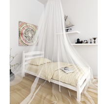 Une chambre lumineuse avec un lit simple sous un ciel de lit, une toile d''art et de petites étagères