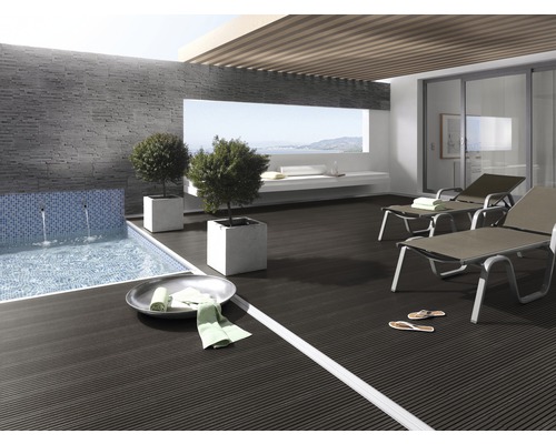 Terrasse avec piscine, chaises longues et plantes