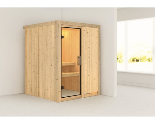 Sauna modulaire Karibu Norina sans poêle et couronne avec porte entièrement vitrée transparente