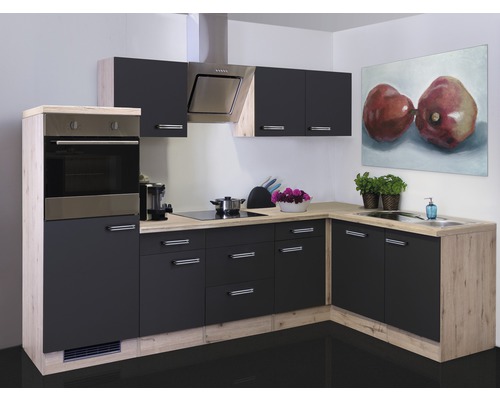 Cuisine en angle équipée Flex Well Santo 280 cm façade anthracite mate, corps chêne clair san remo variante réversible