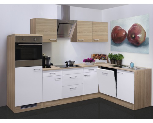 Cuisine en angle équipée Flex Well Samoa 280 cm façade blanche mate, corps chêne sonoma variante réversible démonté