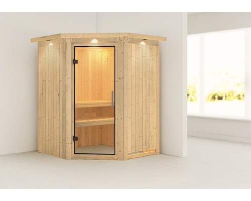 Sauna modulaire Karibu Larina sans poêle avec couronne et porte entièrement vitrée transparente