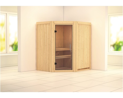 Sauna modulaire Karibu Maurin sans poêle et couronne avec porte entièrement vitrée transparente