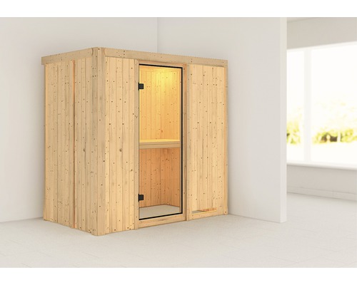 Sauna modulaire Karibu Mariado sans poêle et couronne avec porte entièrement vitrée transparente