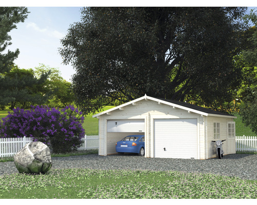Garage double Palmako Roger 28,4 m² avec portails sectionnels 575 x 510 cm naturel