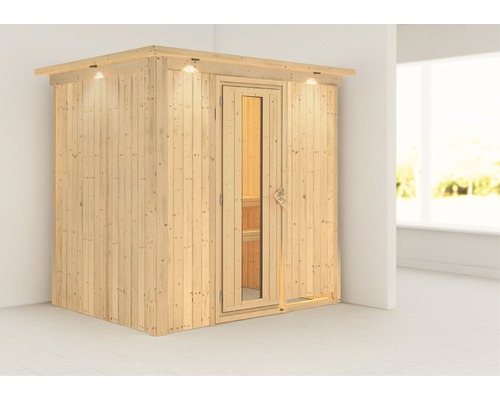 Sauna modulaire Karibu Bodina sans poêle avec couronne et porte en bois avec verre isolé thermiquement