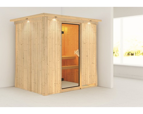 Sauna modulaire Karibu Bodina sans poêle avec couronne et porte entièrement vitrée coloris bronze