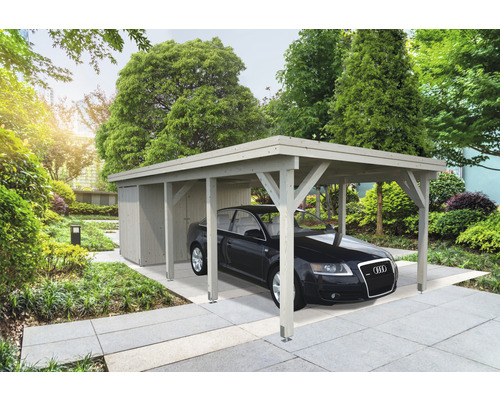 Geräteraum Palmako für Carport Karl 23,1 m² 315 x 196 cm natur Carport aus Holz mit Geräteschuppen und geparktem Auto im Garten.