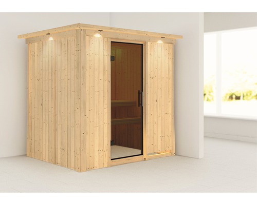 Sauna modulaire Karibu Bodina sans poêle avec couronne et porte entièrement vitrée coloris graphite