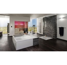 Salle de bains lumineuse avec baignoire, douche, sauna et vélo d''appartement