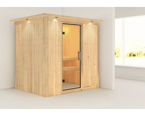 Sauna modulaire Karibu Bodina sans poêle avec couronne et porte entièrement vitrée transparente